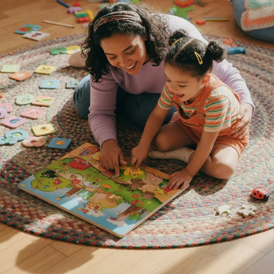 An ABA therapist working with a child on the floor with a puzzle — Liftoff ABA in Secaucus