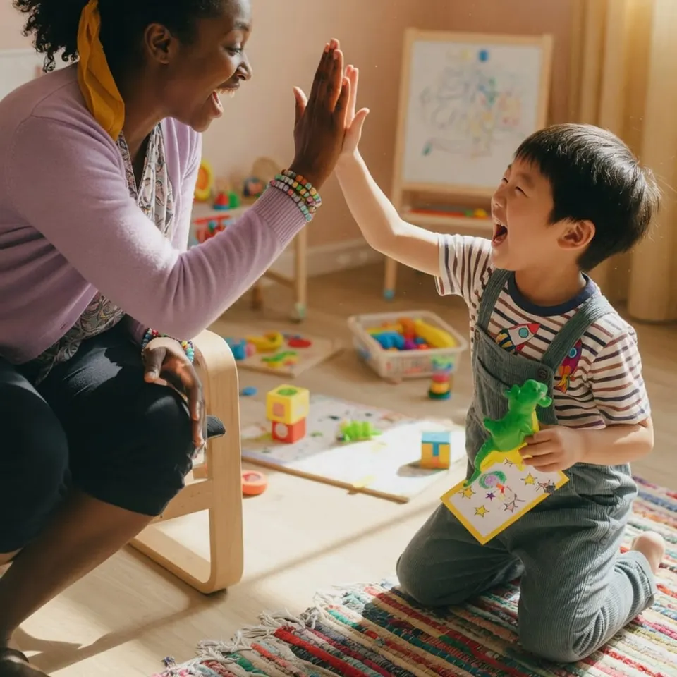 A therapist high-fiving a child during an ABA session — Liftoff ABA in Secaucus