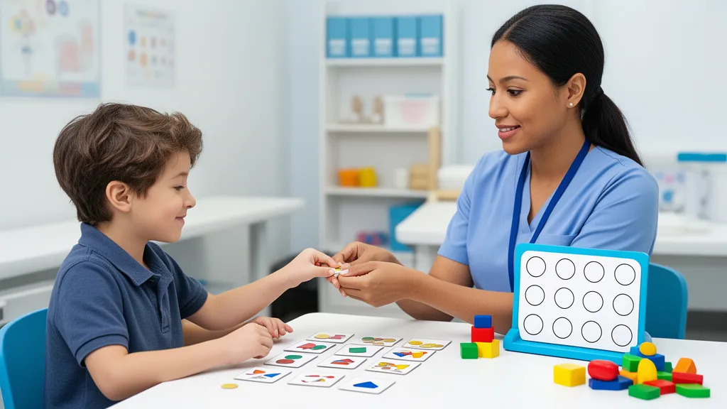 A behavior analyst using positive reinforcement with a child during an ABA session.