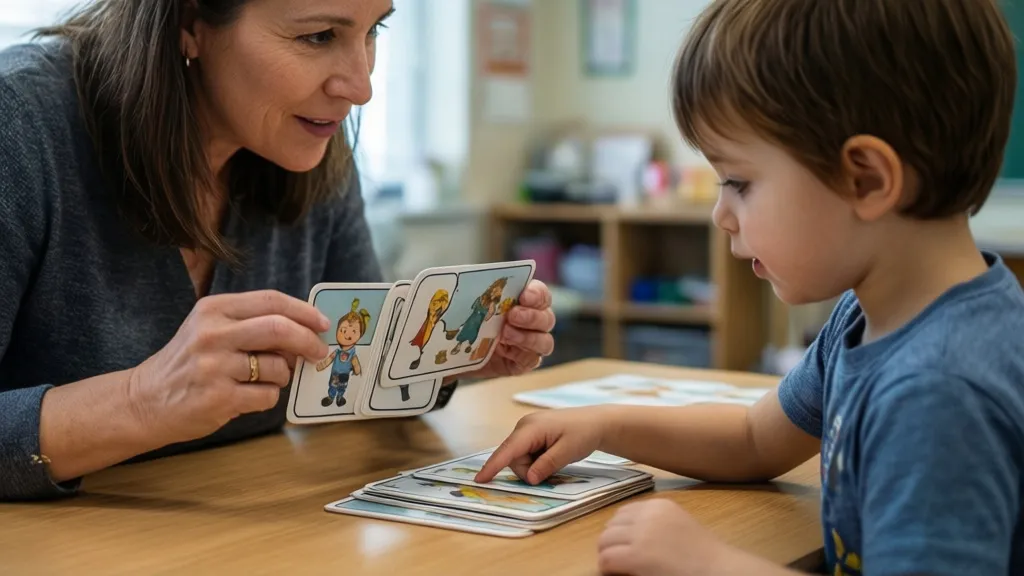 A speech therapist using visual communication aids with a child on the autism spectrum.