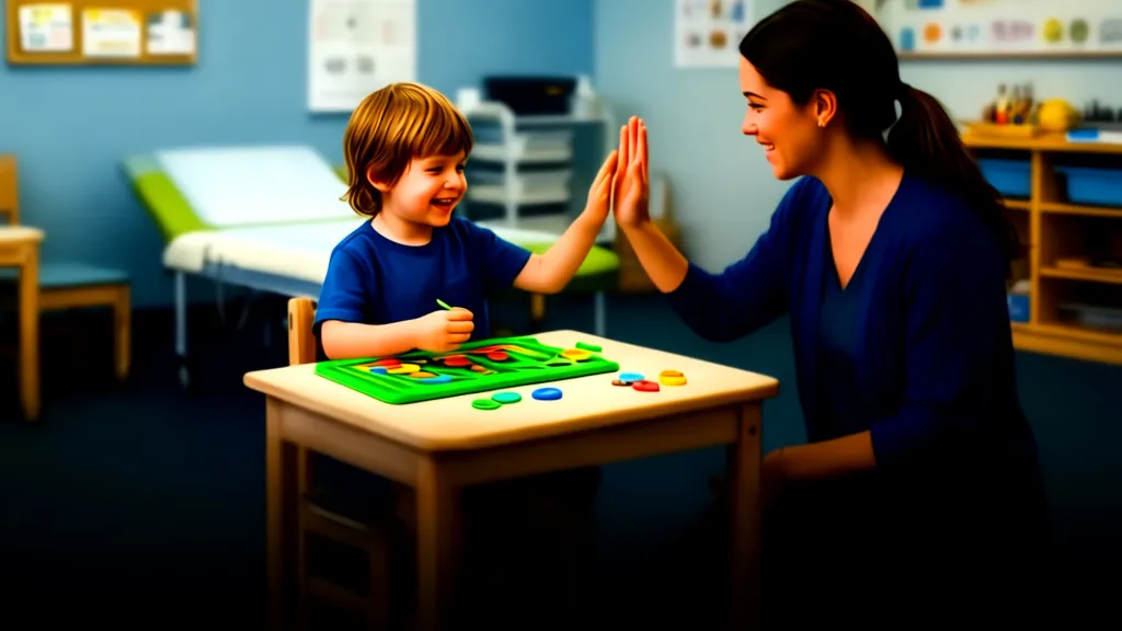 A therapist giving a high-five to a child during an ABA therapy session to reinforce positive behavior.