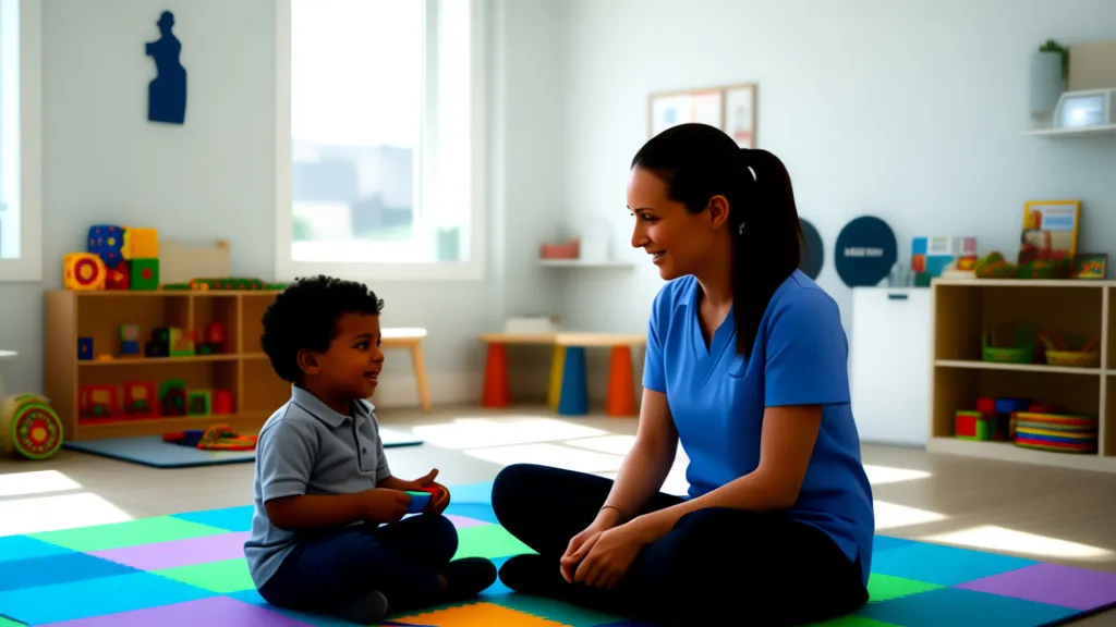 A child and therapist engaging in an ABA therapy session with colorful blocks in a modern North Jersey clinic.