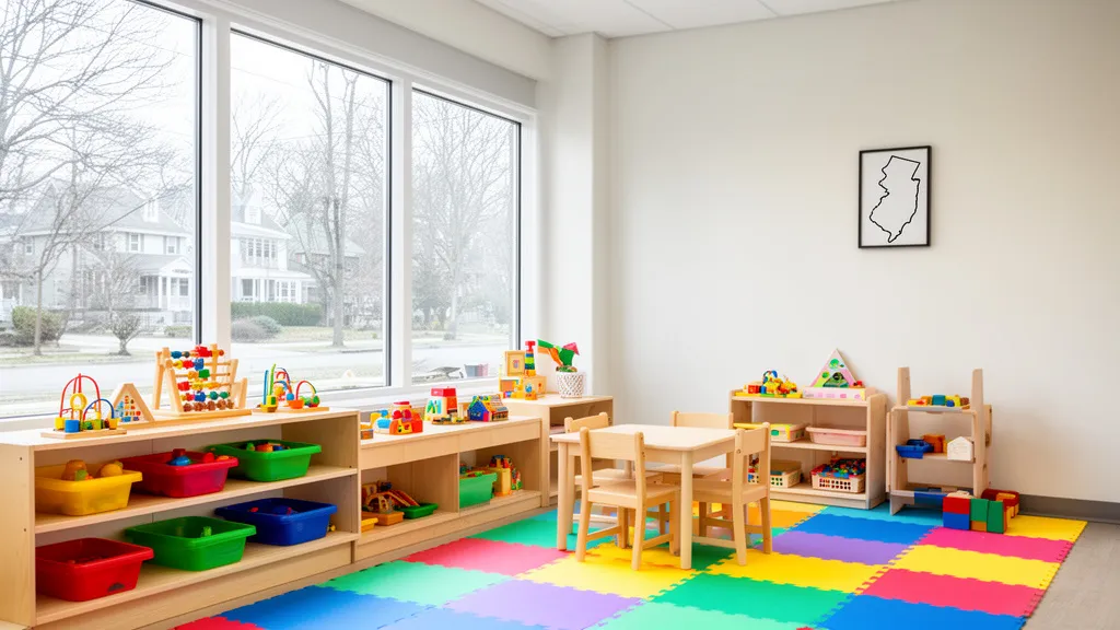 A modern and welcoming ABA therapy room with educational materials and colorful flooring.