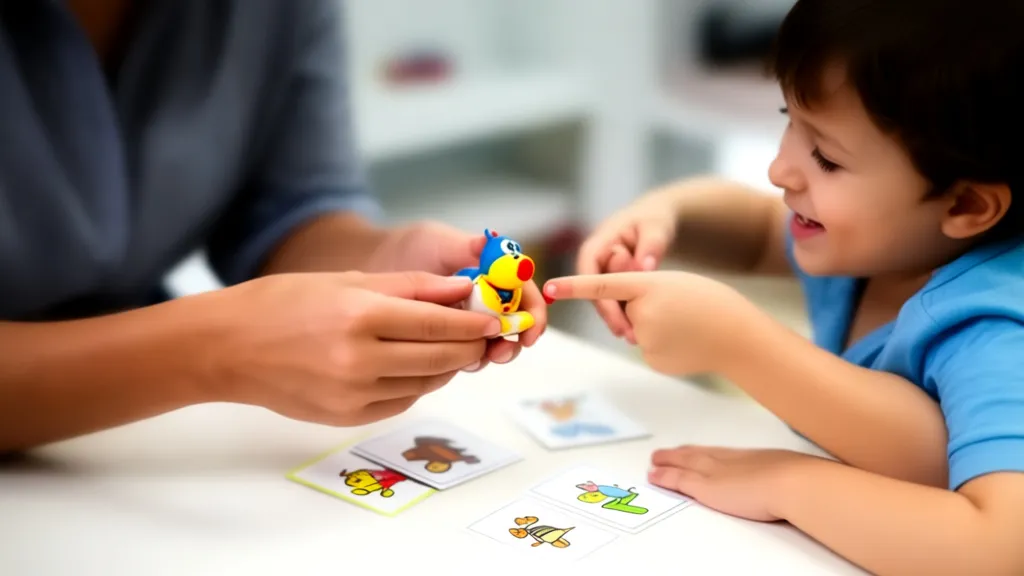 A therapist providing positive reinforcement to a child during an ABA session.