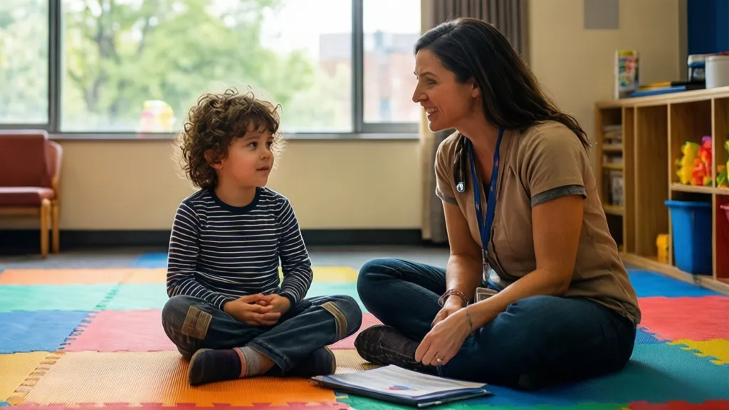 A child with autism and a therapist working together with colorful blocks in a bright therapy room.