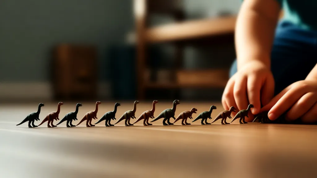 A child demonstrating repetitive behavior by lining up toys.