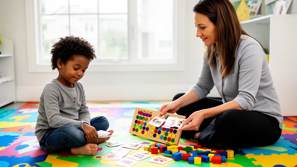 A child and therapist working together with educational blocks during an ABA therapy session.