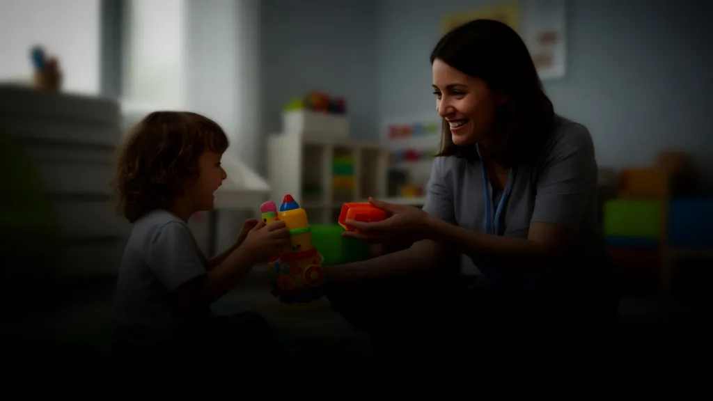 A BCBA pairing with a child during an initial ABA therapy session.